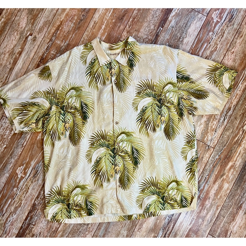 Tommy Bahama Mens XXL Silk Palm Tree‎ Tropical Camp Shirt S. Sleeve Cream Green